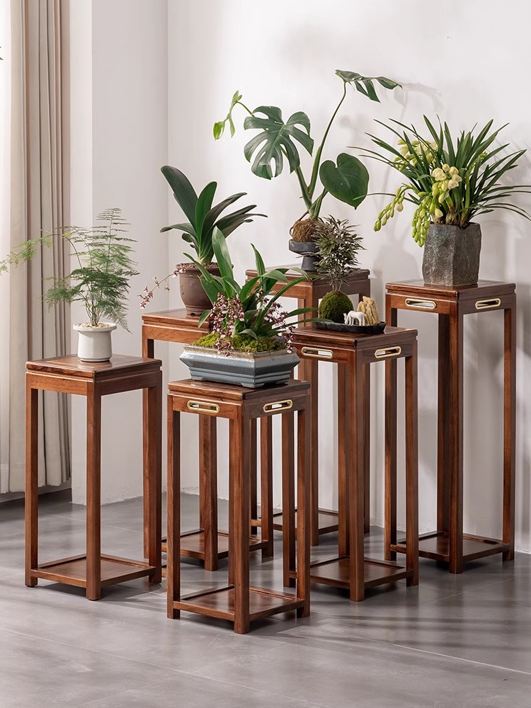 乌金木实木花架室内客厅落地原木花台阳台花盆置物架仿古榫卯花几