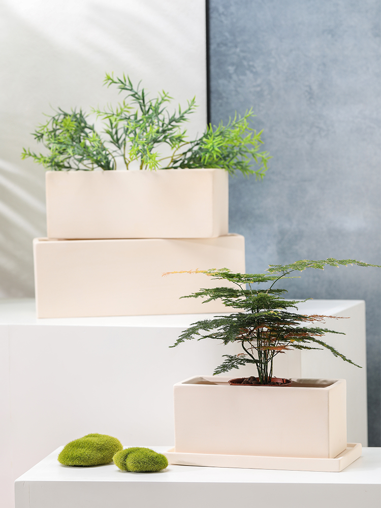 简约素烧长方形花盆透气吸水白陶土长条粗陶瓷器带托植物多肉绿植