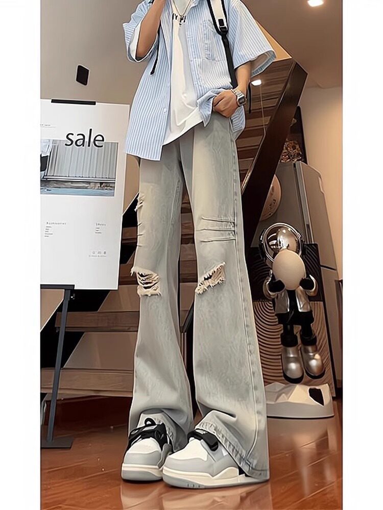 CLARALEE破洞牛仔裤男夏季痞帅阔腿裤子美式高街vibe直筒微喇裤
