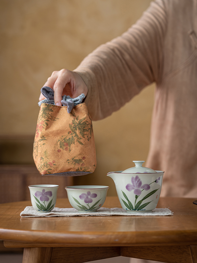 手绘草木灰快客杯旅行包便携式手抓壶茶具套装二人泡茶杯陶瓷女士