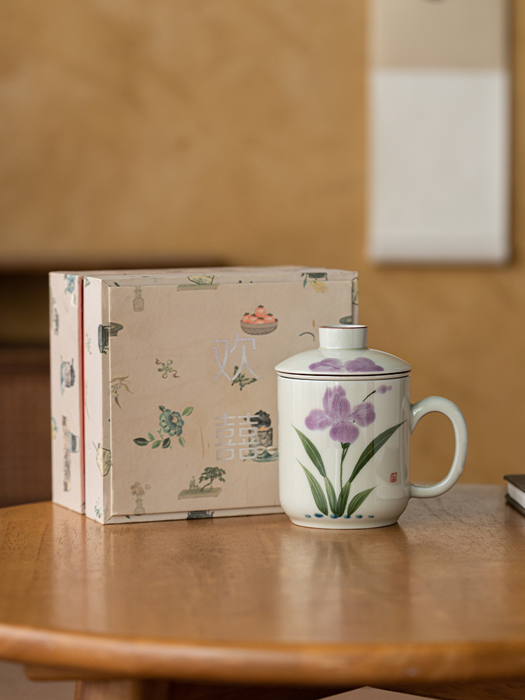 草木灰手绘鸢尾花泡茶杯茶水分离陶瓷过滤内胆办公室茶具杯子女士
