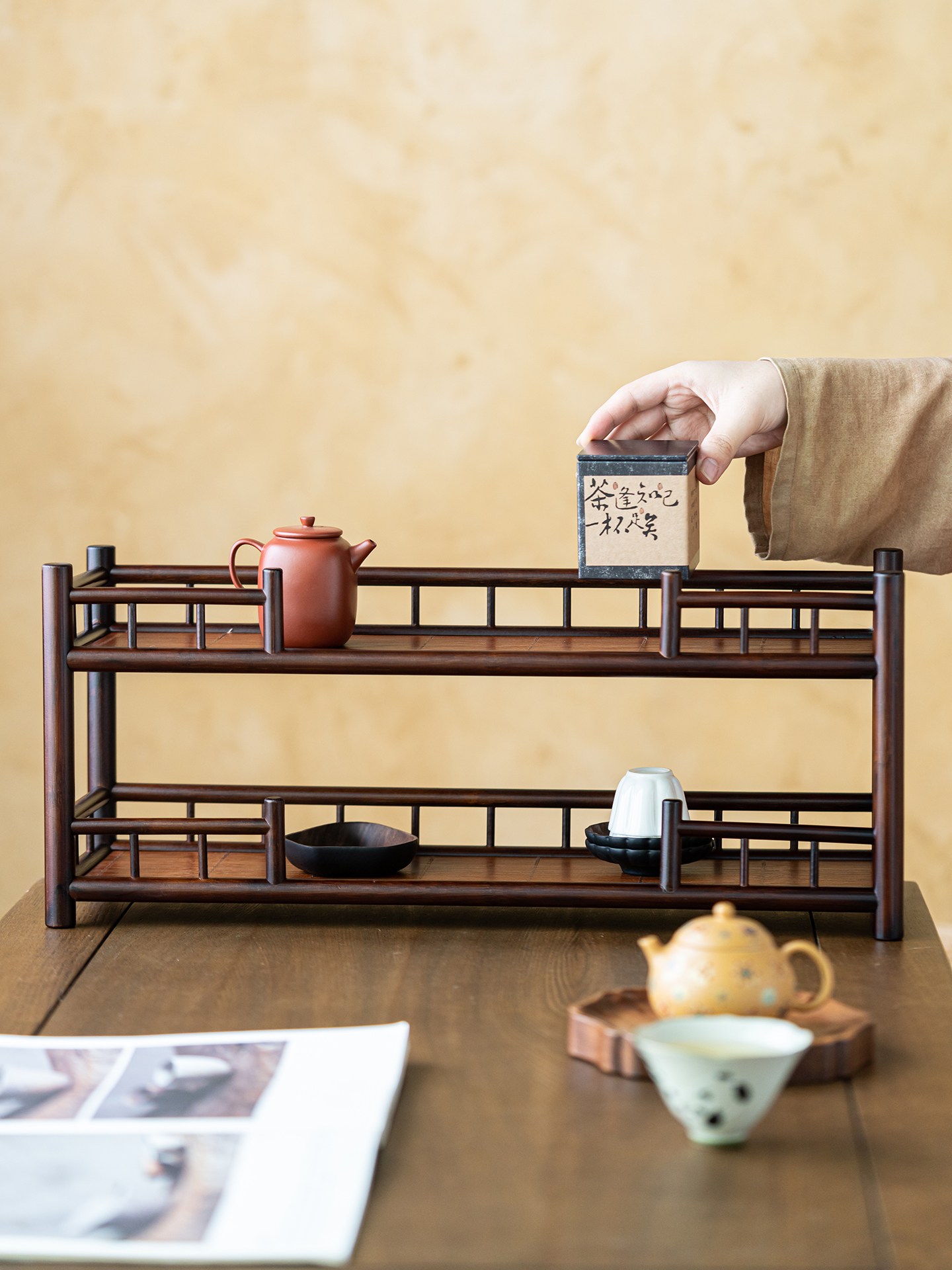 画续复古雅风竹制双层博古架家用中式茶具架新中式茶杯架茶壶架