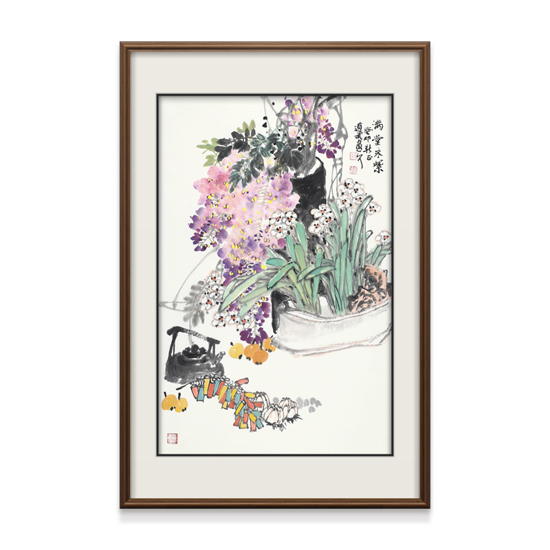 新牡丹国画荷花挂画手绘花鸟画重彩餐厅装饰画客厅三联画原创真迹图片