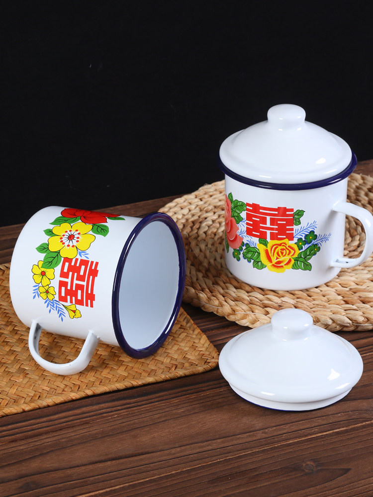 搪瓷杯老式怀旧复古款马克杯带盖大容量喜字水杯700ml大铁茶缸子,餐饮具,马克杯,淘宝优惠券,粉丝福利购,淘宝优惠卷