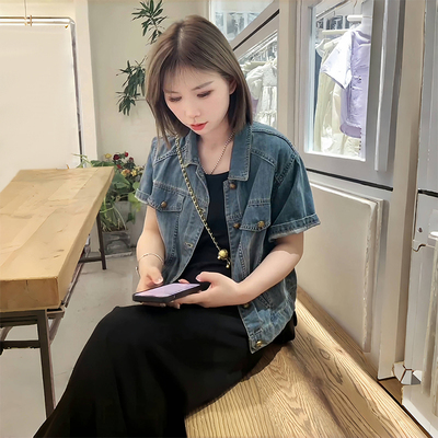 漂亮春薄款牛仔衬衫外套女夏季宽松显瘦开衫外搭配吊带0627e