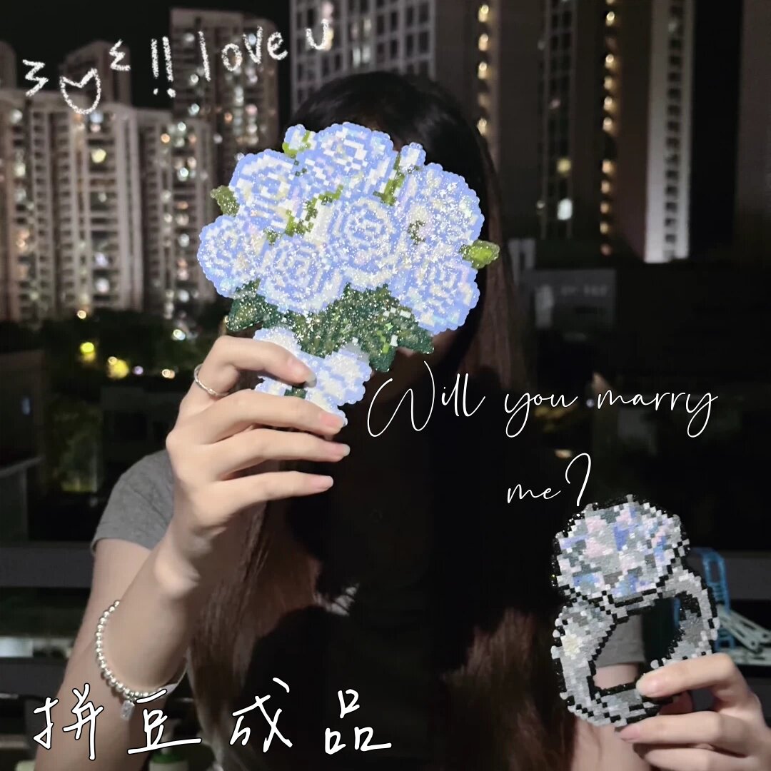 永不零的蓝白渐层玫瑰花束拼豆成品情桌侣戒指送女凋朋友面摆件挂