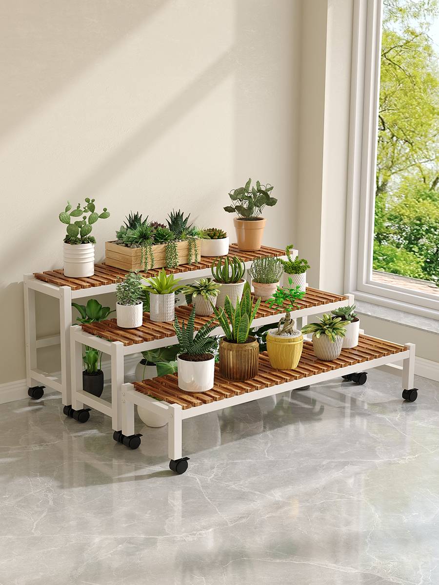 阳台花架置物架实木长条移动带轮防腐木室内户外落地绿萝花盆架子