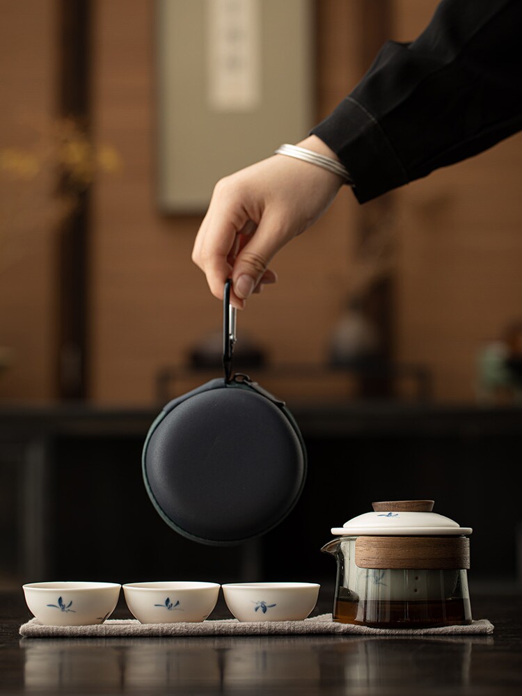 古与茶手绘兰花陶瓷旅行茶具套装便携式户外玻璃茶壶快客杯泡茶壶