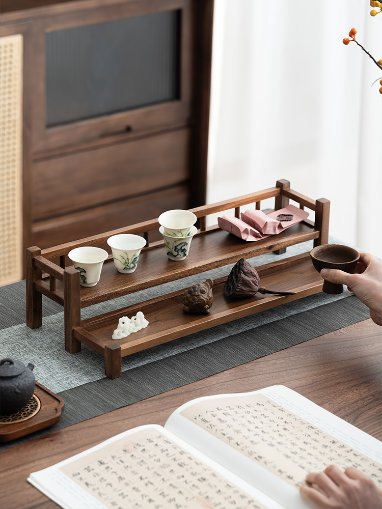 北美胡桃木茶杯架实木桌面博古架茶具多层茶杯茶壶收纳放置物架