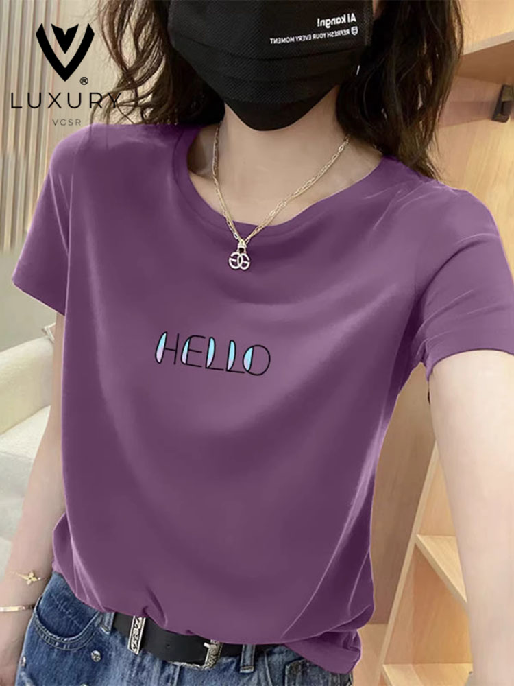 紫色纯色短袖T恤女2026新款夏季薄款洋气休闲宽松印花体恤上衣潮