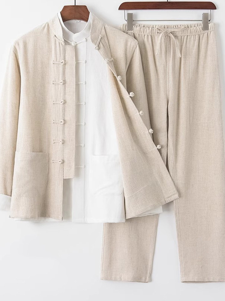 高端唐装男中式棉麻长袖套装2025新款秋季中国风太极服复古三件套