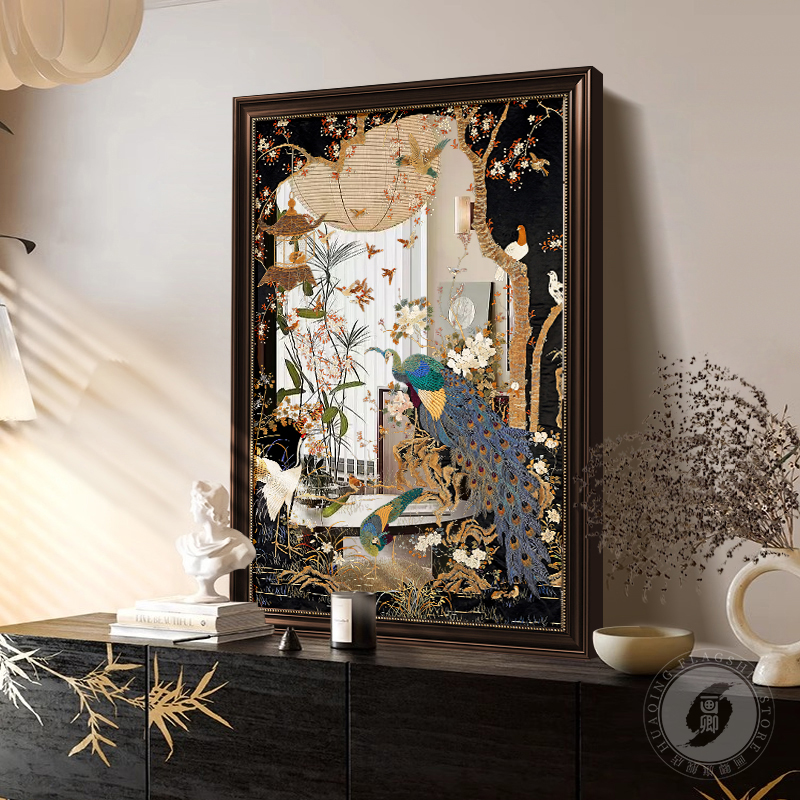 孔雀中古风镜子画中式国风艺术高级感装饰画宋氏美学客厅镜面挂画