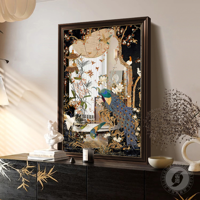孔雀中古风镜子画中式国风艺术高级感装饰画宋氏美学客厅镜面挂画