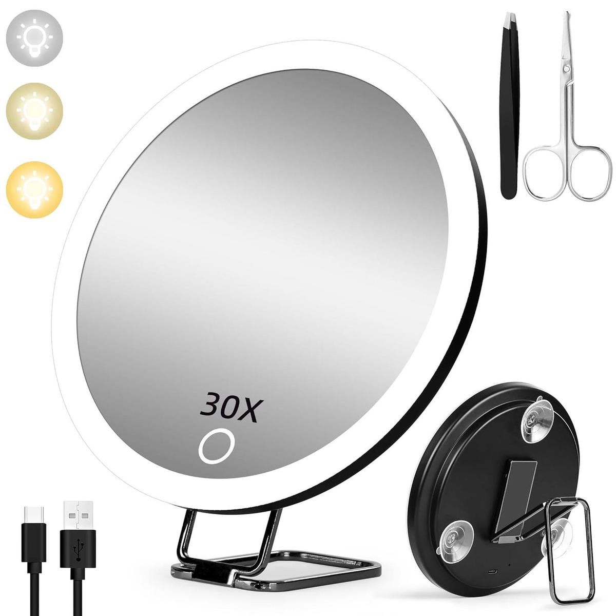 【旗舰店正品】放大化妆镜50倍15cm10倍20倍30倍充电led带灯吸盘