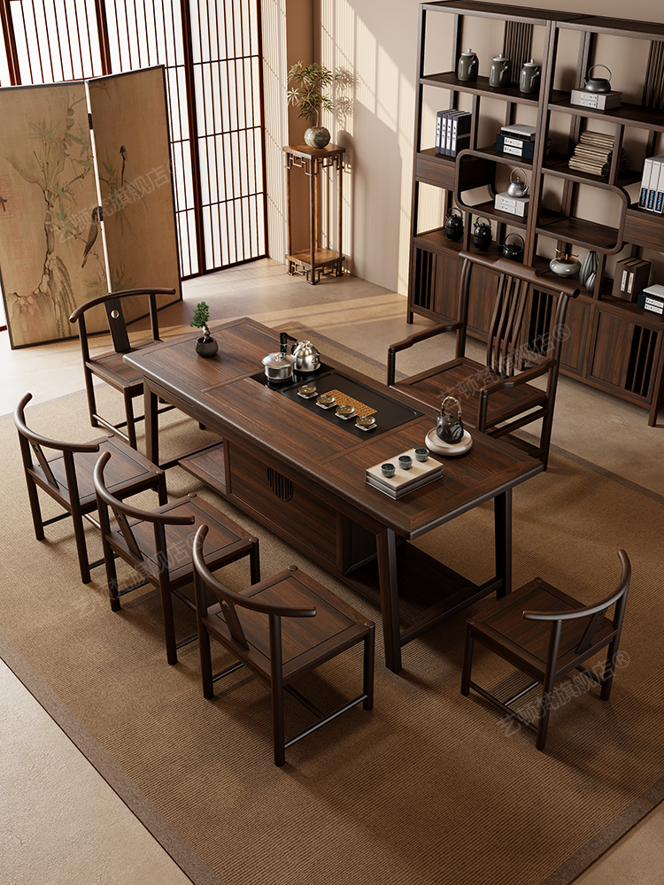 现代乌金木茶桌椅组合新中式办公茶台一体阳台功夫泡茶家用小茶桌