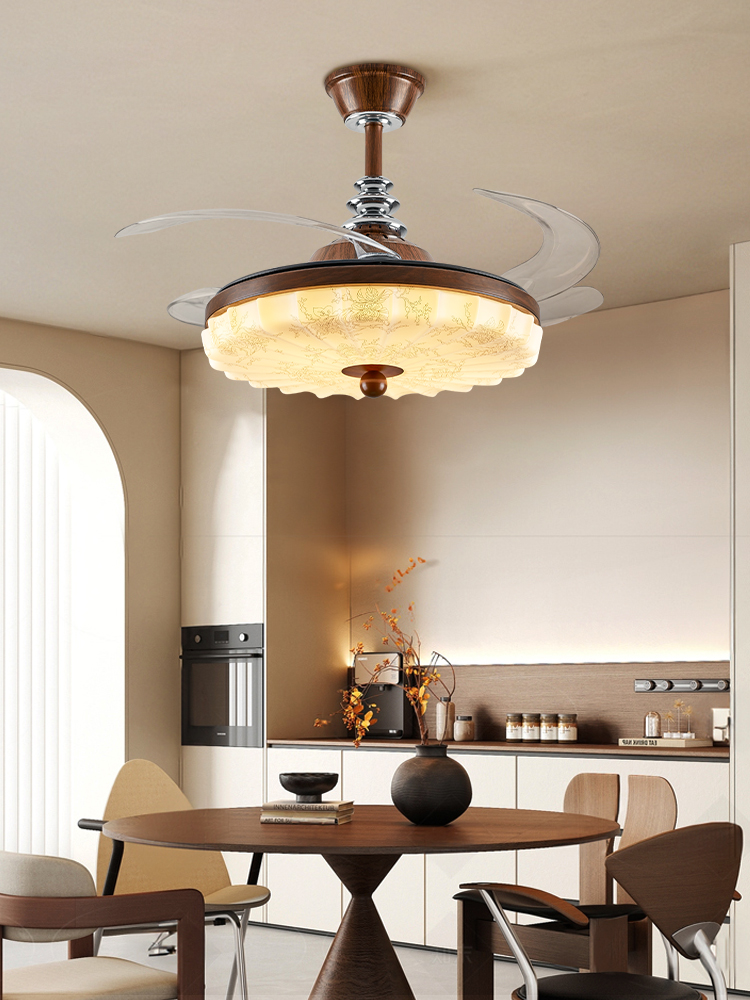 中古风隐形风扇灯胡桃木色餐厅客厅卧室电扇灯护眼静音客厅吊扇灯