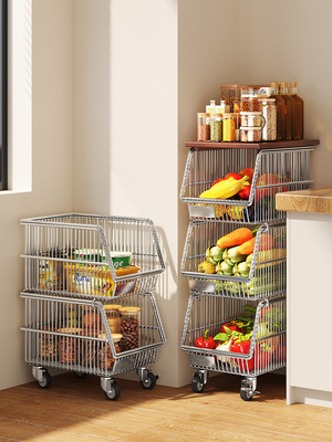 中古风厨房夹缝小推车调料品置物架调料罐架子多层蔬菜水果收纳筐