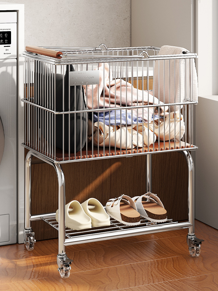 不锈钢中古脏衣篮双层衣服收纳筐卫生间移动架子脏衣篓推车置物架