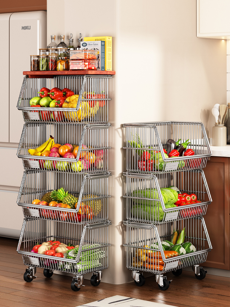 厨房蔬菜置物架落地菜篮子靠墙移动收纳架子家用夹缝零食柜小推车