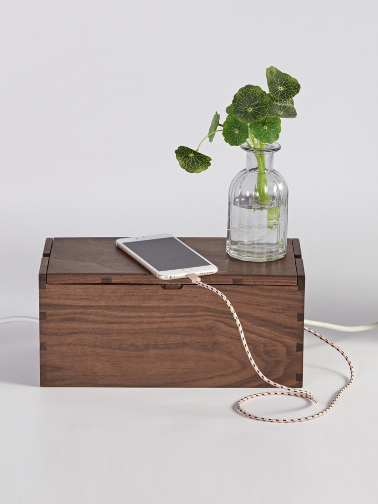 喜起黑胡桃实木排插收纳盒木质桌面插座插线板整理盒装饰集线盒子