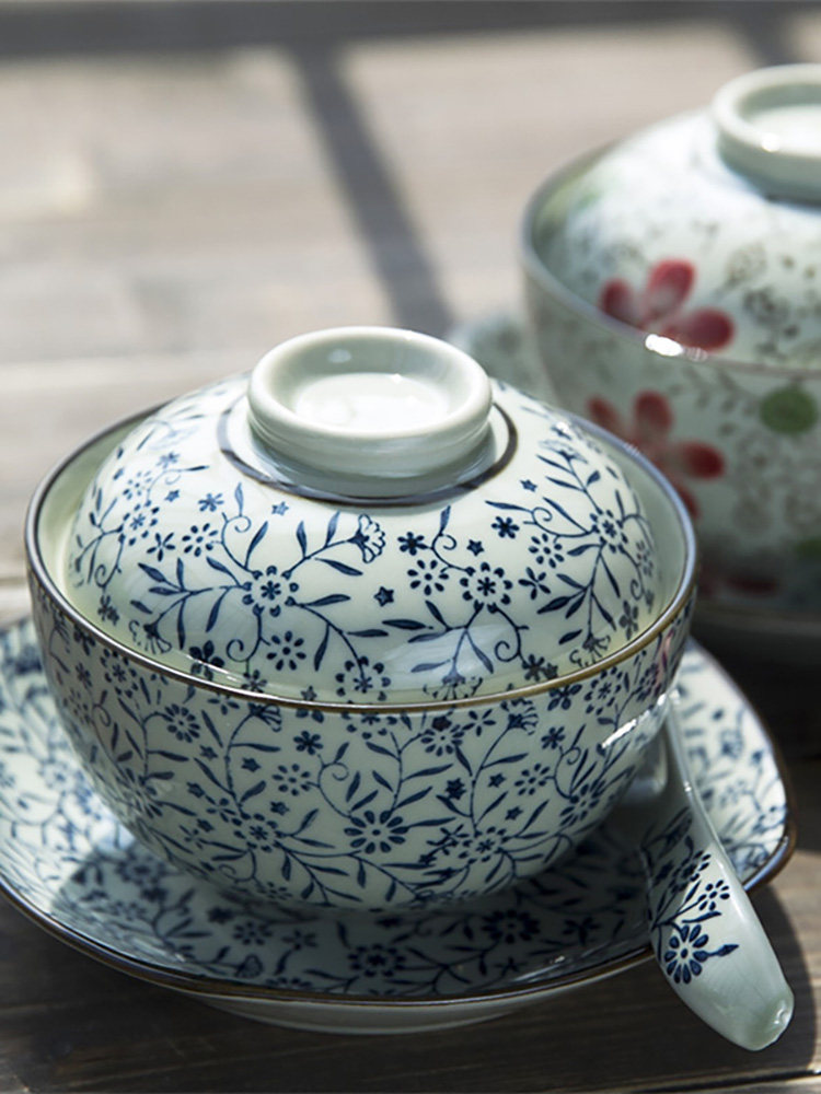 和风四季日式釉下彩盖碗饭碗家用陶瓷碗炖盅泡饭蒸饭碗甜品碗粥碗