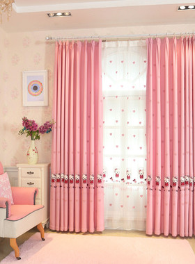定制卧室儿童房女孩粉色卡通hell kitty猫棉麻绣花飘窗窗纱帘成品