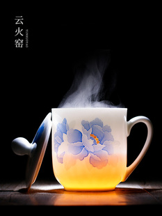 釉下彩陶瓷杯子带盖高档水杯泡茶杯高温瓷马克杯会议礼品杯定制