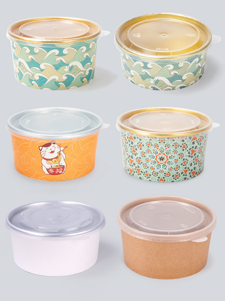 喇叭花一次性牛皮纸碗铝箔金箔汤碗带盖餐盒打包盒圆形碗外卖整箱