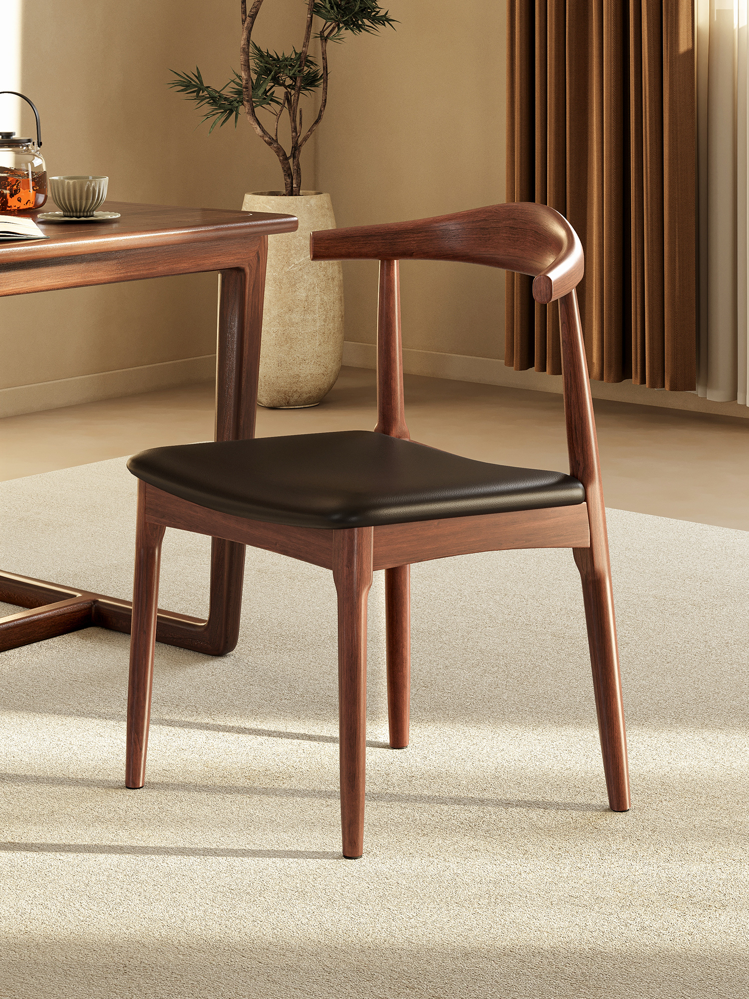 实木椅子家用餐椅靠背餐桌椅餐厅牛角椅轻奢高级胡桃新中式书桌椅