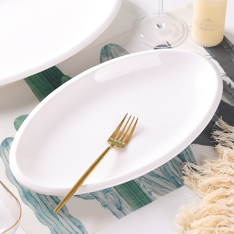 加厚陶瓷鱼盘家用蒸鱼盘子纯白瓷釉下彩餐具特大号14寸蒸鲈鱼盘子