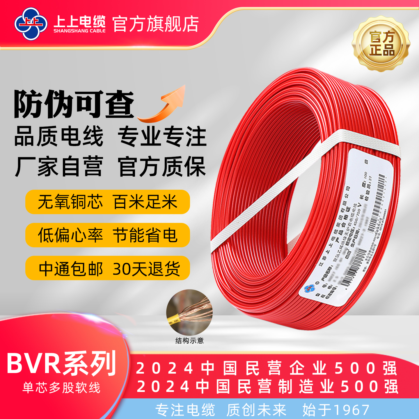 上上电缆BVR1.5/2.5/4/6平方 无氧铜芯单芯多股照明软电线