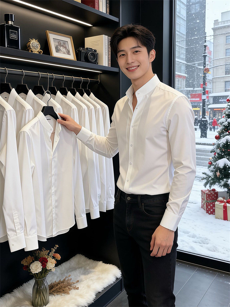 高端轻熟风男士2026春季立领长袖衬衫气质修身上衣新中式男装衬衣
