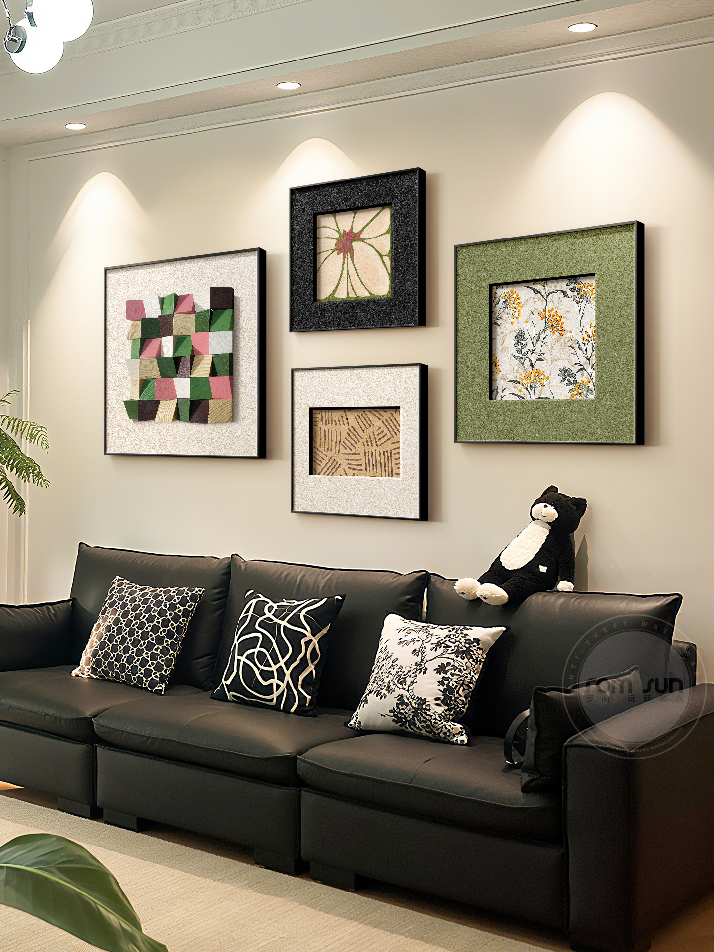 粉色立体实木客厅装饰画高档砂岩实物画中古风沙发背景墙组合挂画