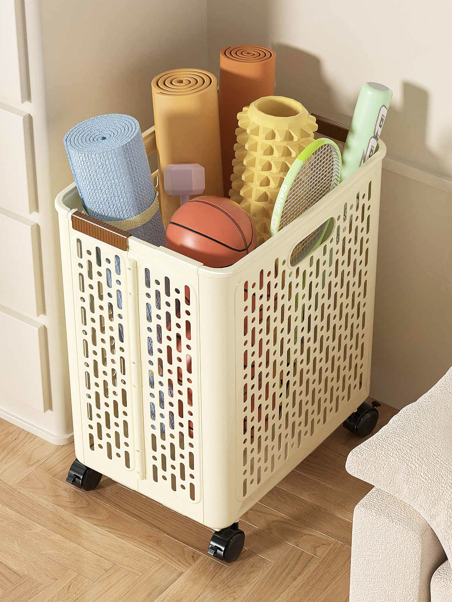 瑜伽垫收纳筐健身器材收纳篮球收纳架家用运动羽毛球拍球类置物架