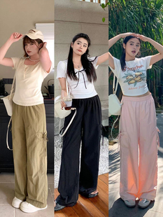 粉色工装 女夏季 李潇洒微胖mm大码 裤 子 显瘦小个子直筒裤 高腰阔腿裤