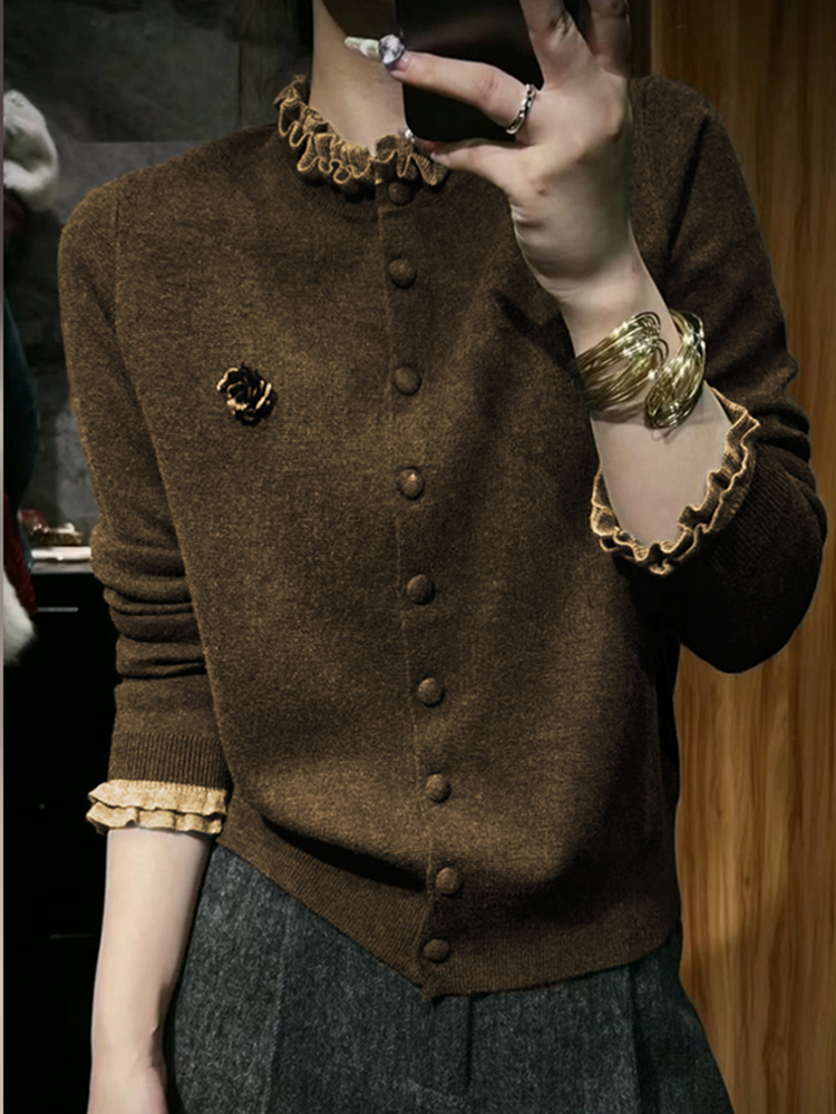 女士毛衣慵懒高级感2025秋季新款软糯洋气减龄木耳边针织开衫上衣