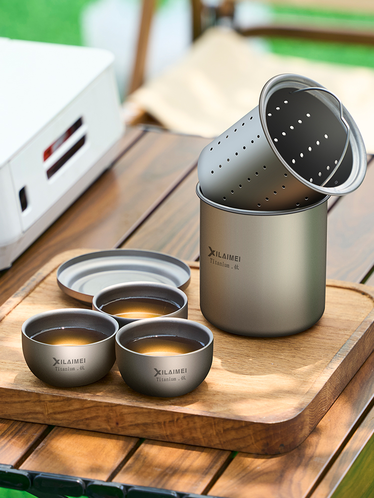 纯钛户外旅行茶具泡茶壶杯子单层煮茶水杯露营折叠手柄便携式茶杯