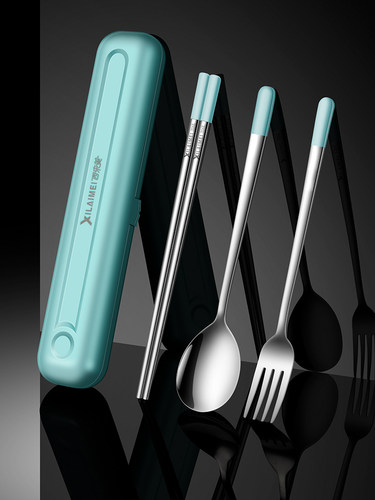 316L不锈钢筷子勺子套装三件套单人装上班便携式餐具盒学生收纳盒