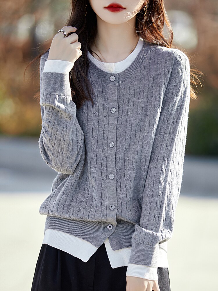 毛衣外套女春秋2025新款假两件上衣时尚洋气短款大码圆领针织开衫