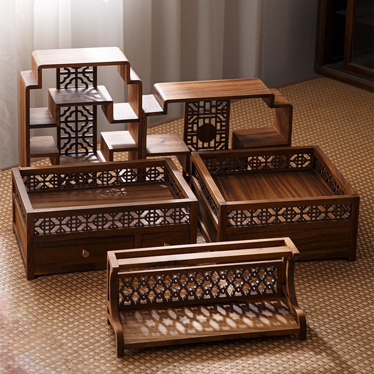 胡桃木置物架小型桌面茶杯博古架新中式茶室茶几收纳杯架展示架子