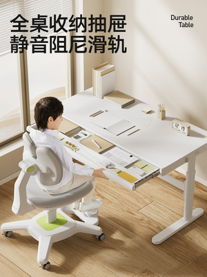 育才儿童学习桌椅小学生书桌家用写字课桌椅可升降简约学校大白桌