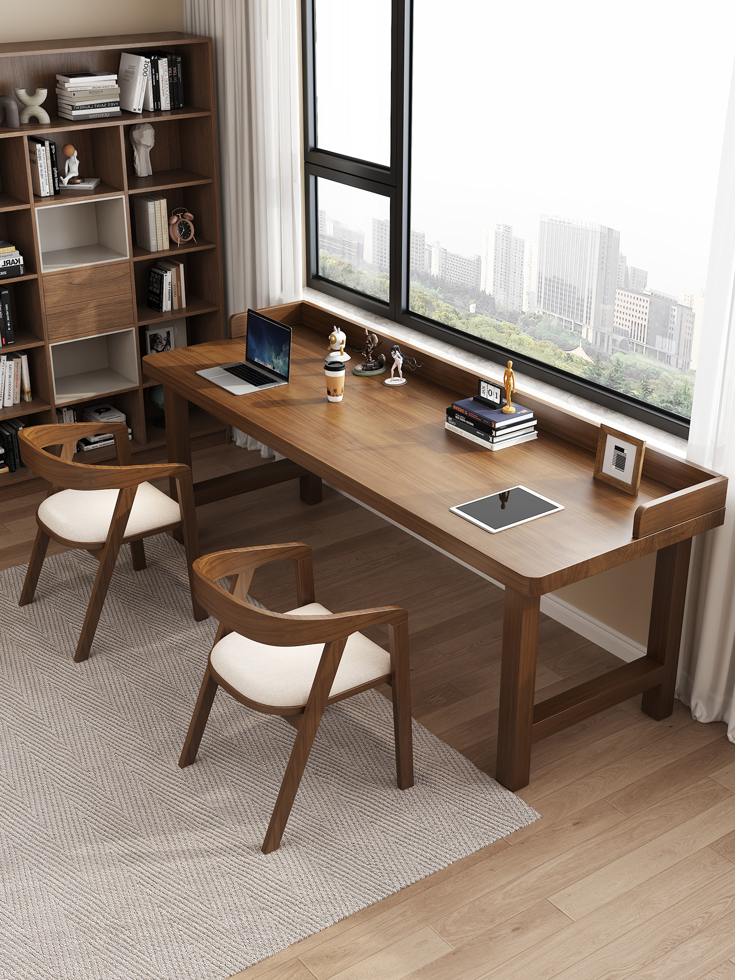 实木双人书桌带围挡家用长条桌卧室工作台学习写字桌电脑桌办公桌