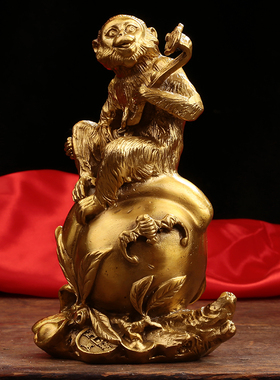 纯黄铜如意猴子摆件 十二生肖元宝寿桃猴摆设 家居风水招财礼品