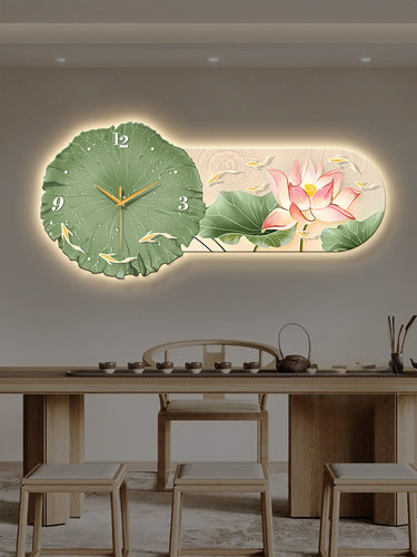 新中式餐厅装饰画荷花九鱼饭厅背景墙挂画现代轻奢客厅带时钟挂画