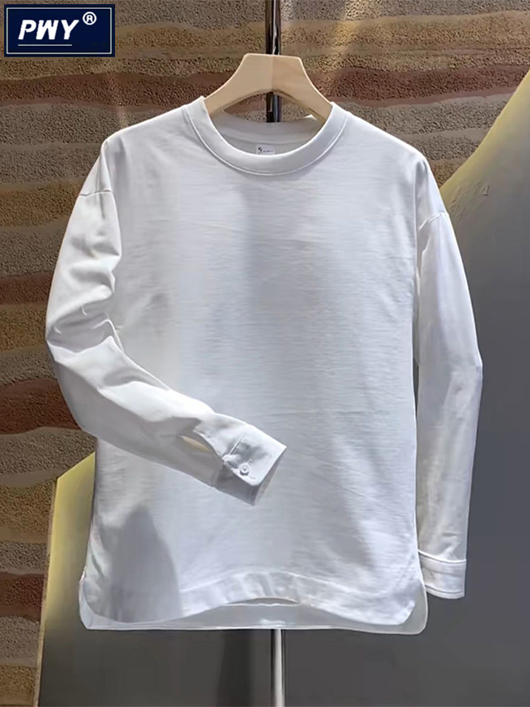 潮牌高端纯色长袖T恤男春秋2026新款潮流百搭宽松打底衫圆领卫衣