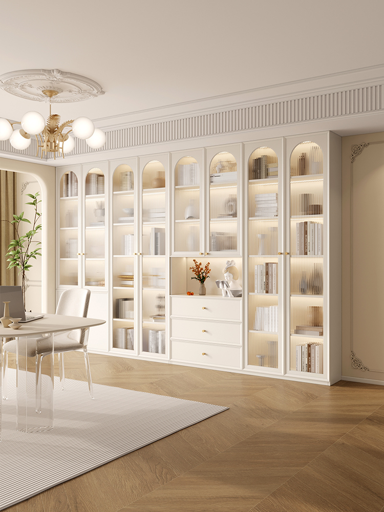 法式去客厅书柜背景墙一体书橱书房储物柜书架展示柜柜子实木定制