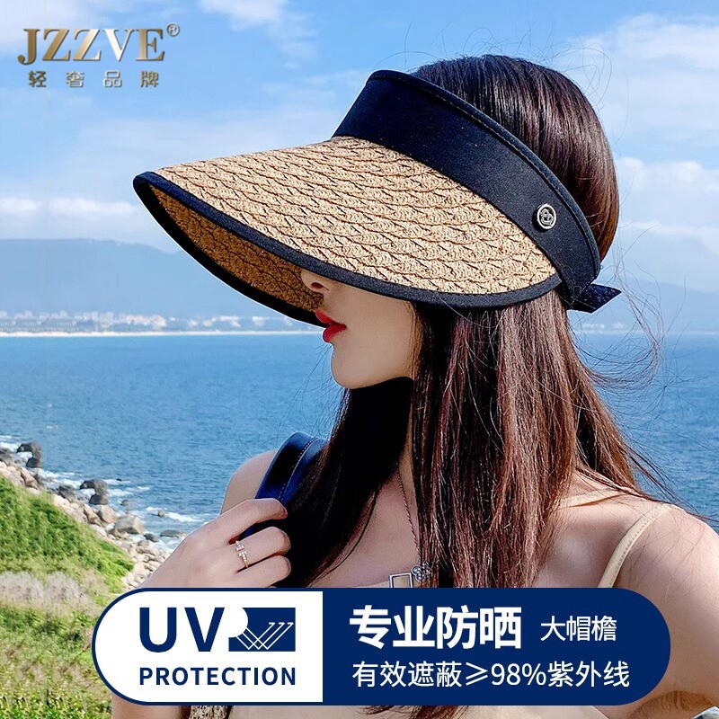 UPF50+空顶防晒帽女夏季防紫外线遮阳草帽大沿遮脸太阳帽沙滩帽