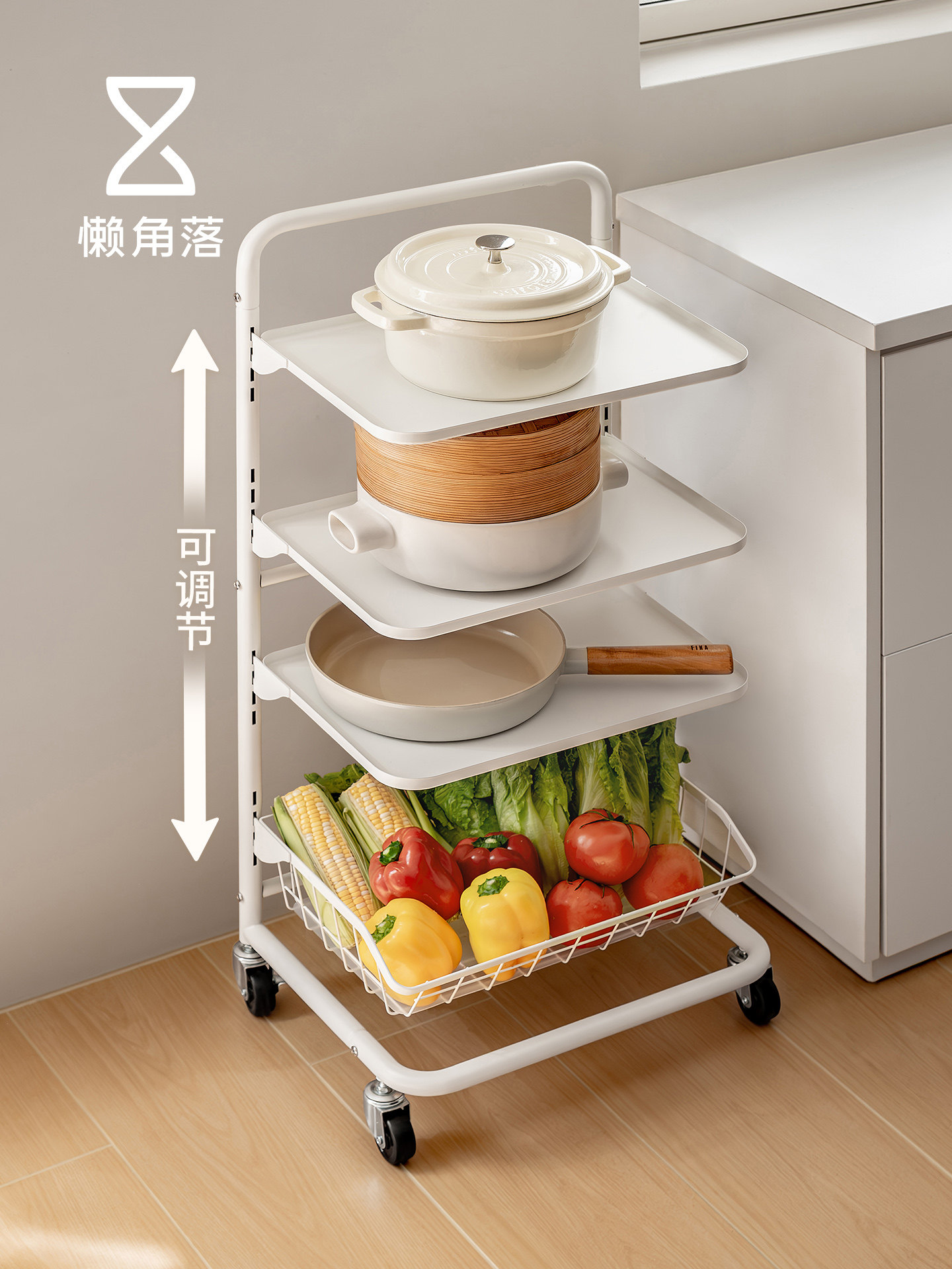 懒角落厨房锅具收纳架多功能置物架落地微波炉柜多层拐角移动锅架