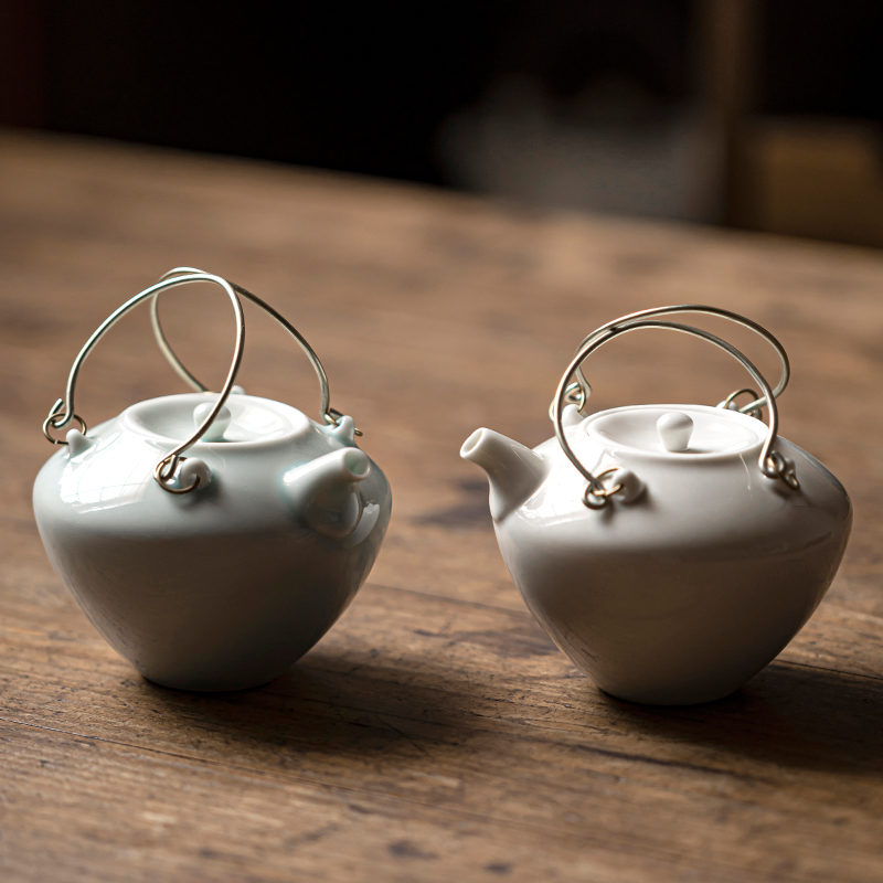 草木祠 手工陶瓷入云壶铜丝提梁小白壶泡茶壶带过滤中式小单壶