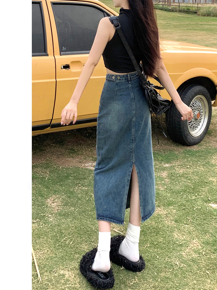 高腰开叉牛仔半身裙女2026新款春秋款小个子a字半裙复古包臀长裙